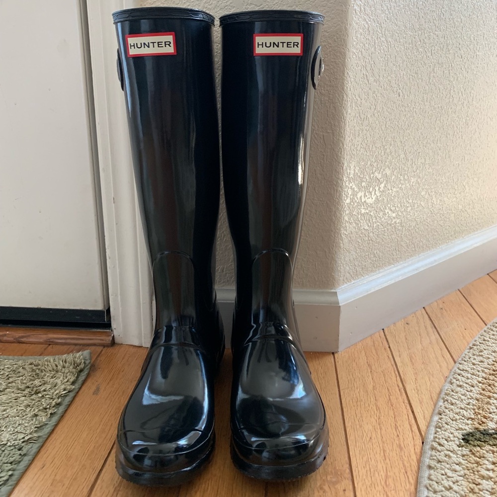 Tall black glossy black hunter rain boots